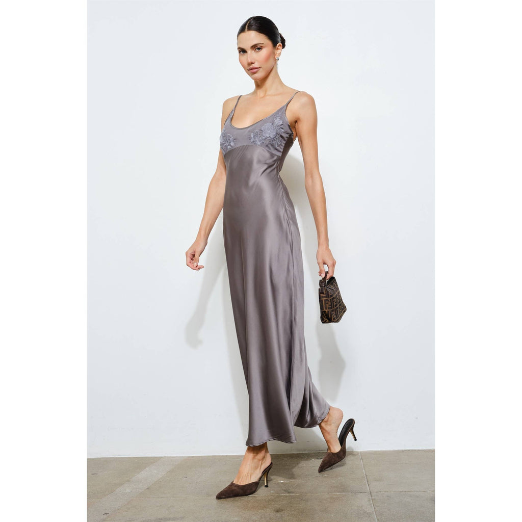 Clarisse Embroidered Satin Slip Maxi Dress
