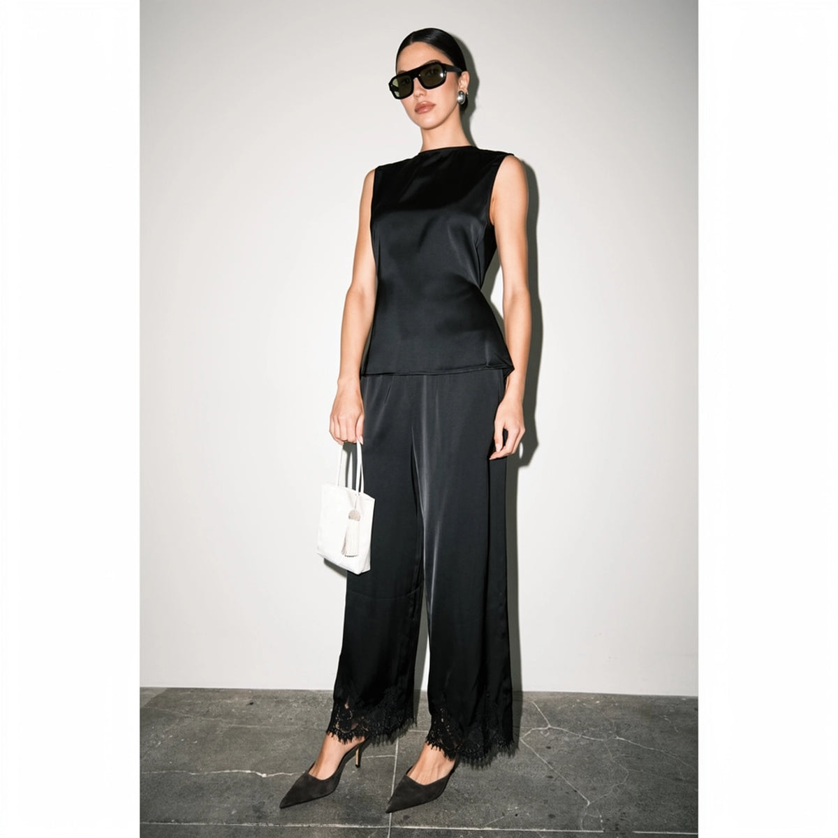 Satin Lace Hem Wide Leg Pants