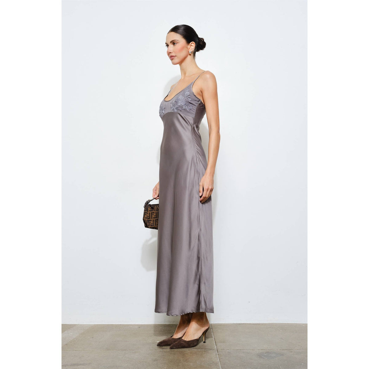 Clarisse Embroidered Satin Slip Maxi Dress