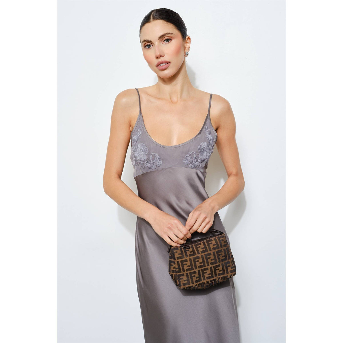 Clarisse Embroidered Satin Slip Maxi Dress