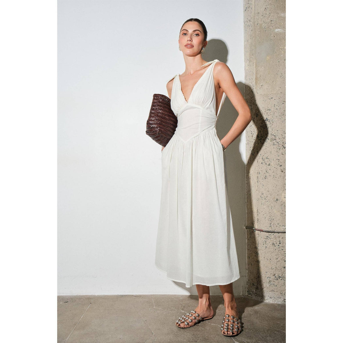 Cotton Poplin Corset-Waist Maxi Dress