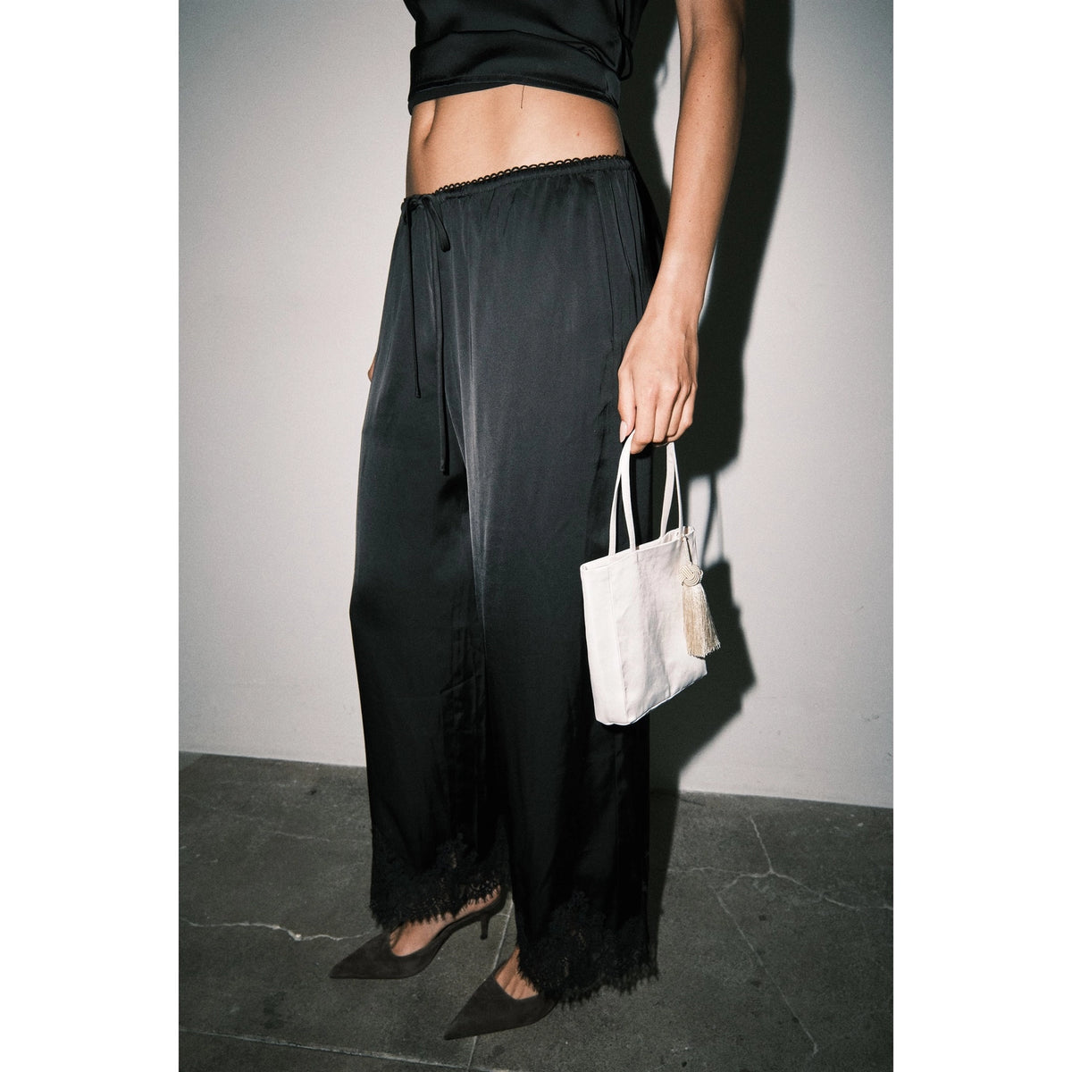 Satin Lace Hem Wide Leg Pants