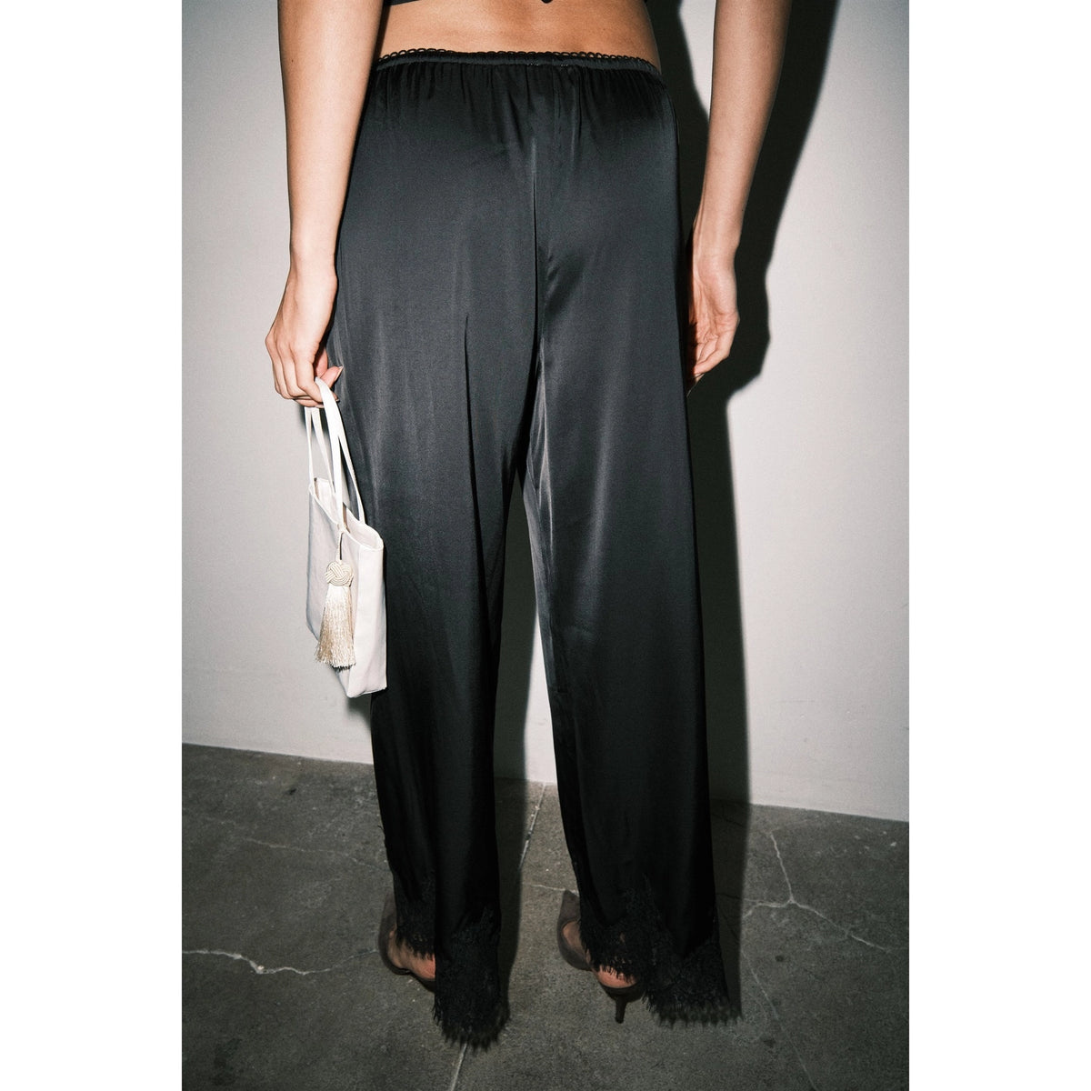 Satin Lace Hem Wide Leg Pants