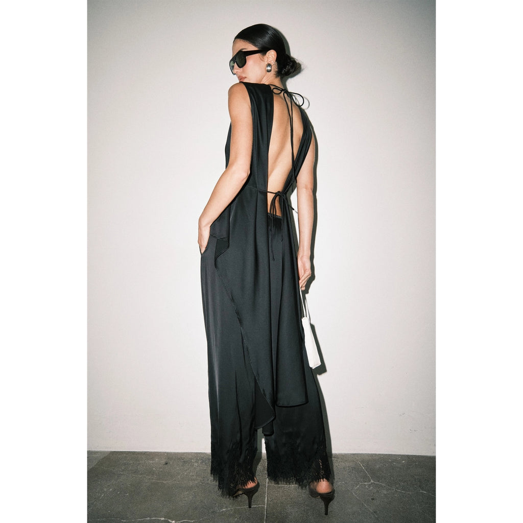Satin Lace Hem Wide Leg Pants