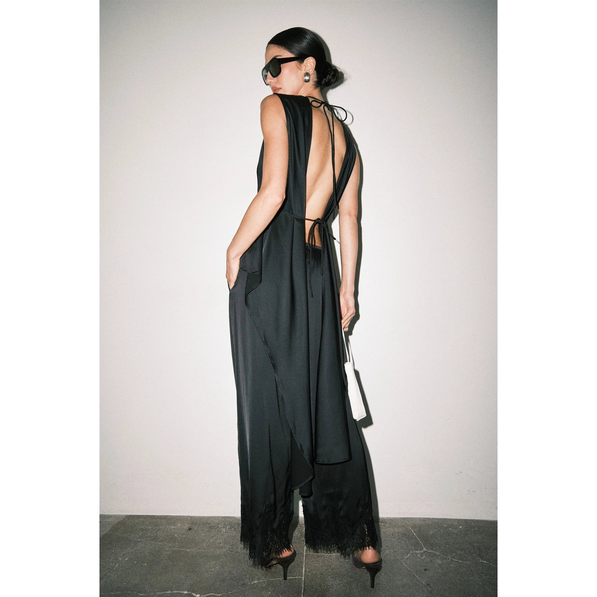 Satin Lace Hem Wide Leg Pants