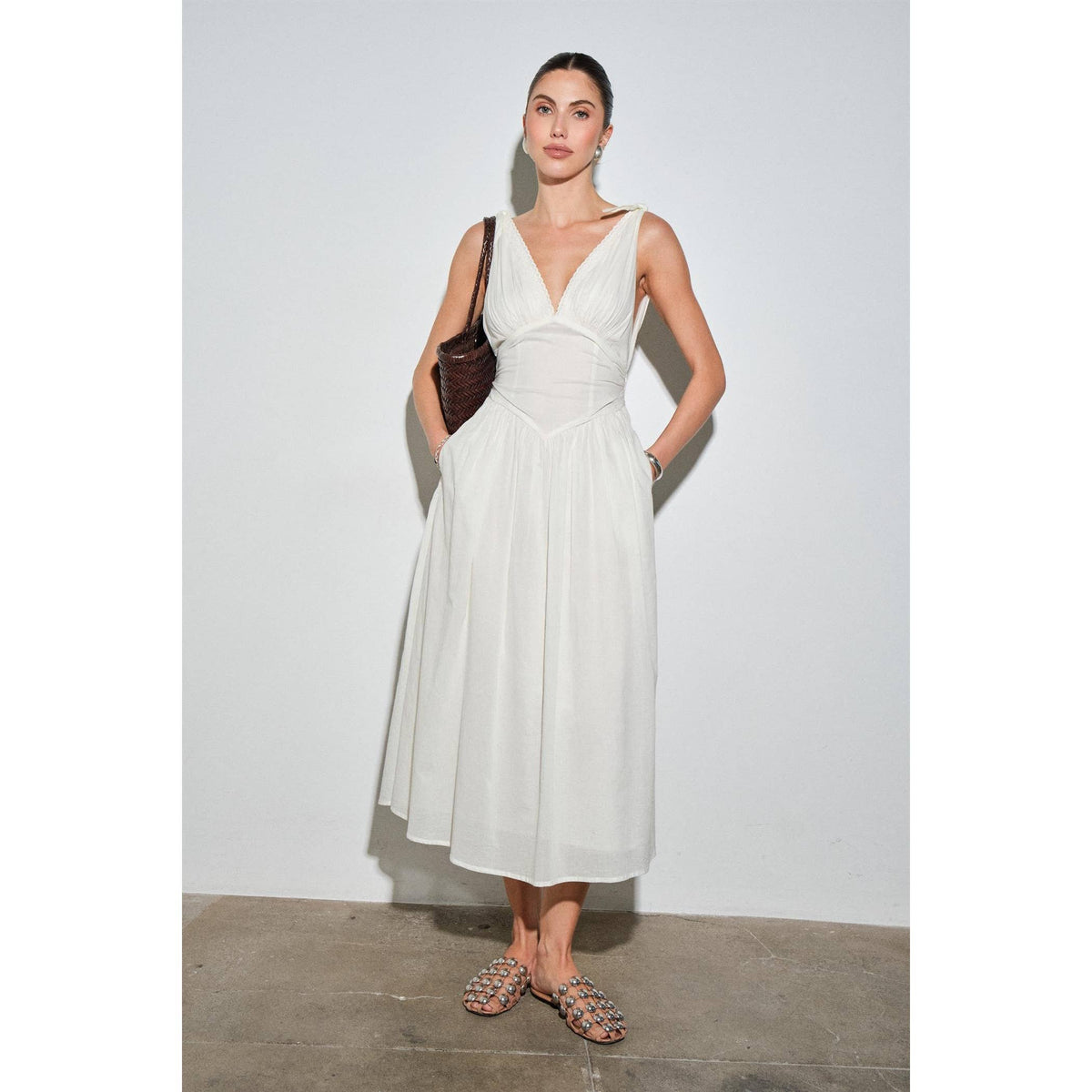 Cotton Poplin Corset-Waist Maxi Dress
