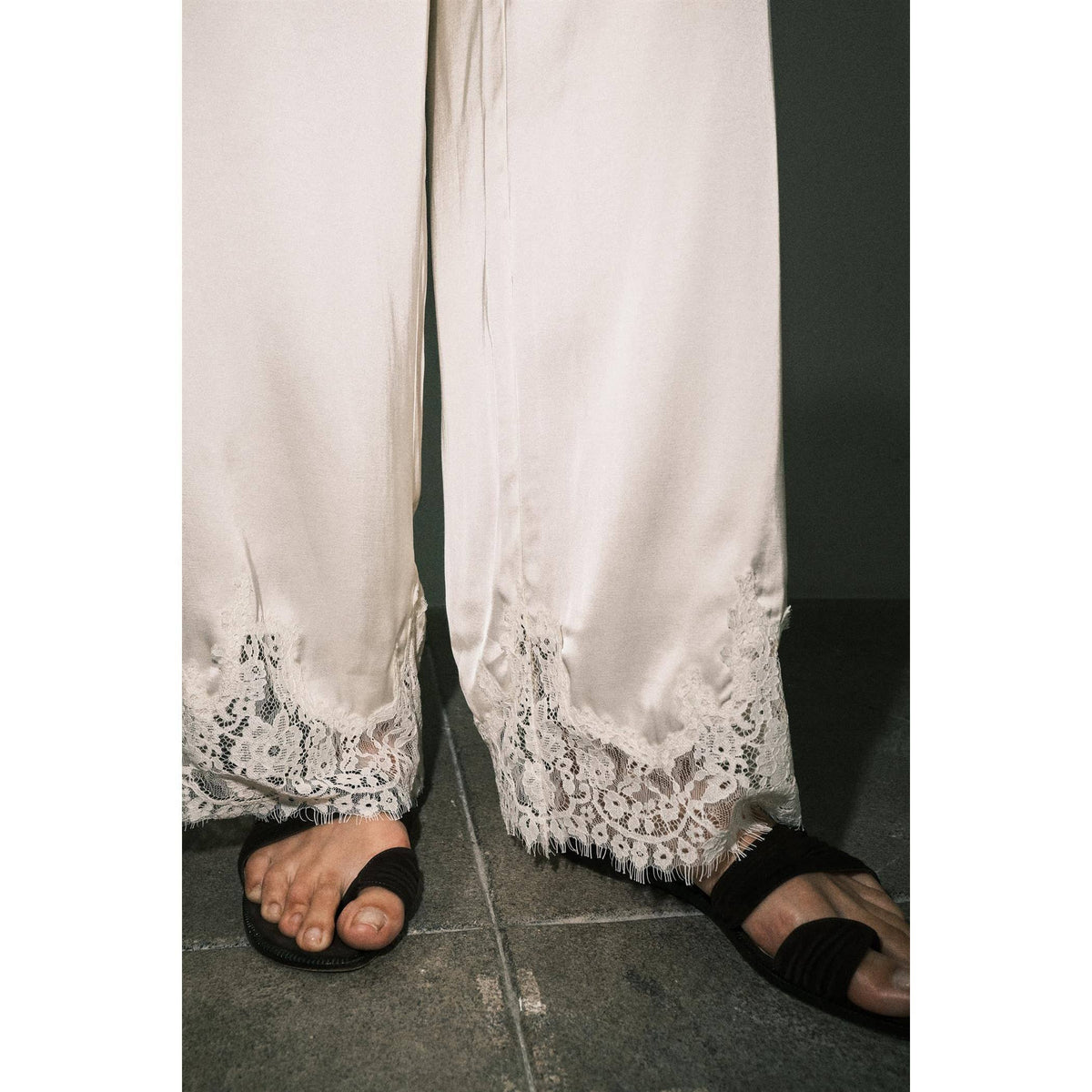Satin Lace Hem Wide Leg Pants