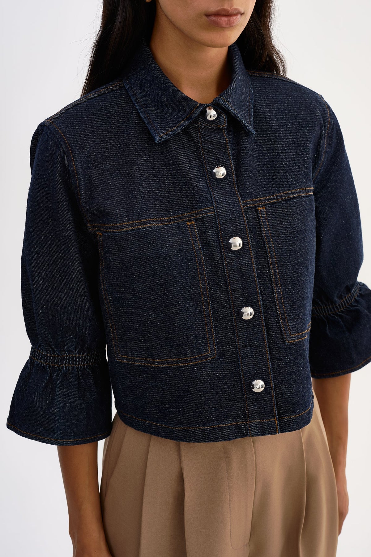 Carolina Ruffle Sleeve Denim Jacket in Indigo