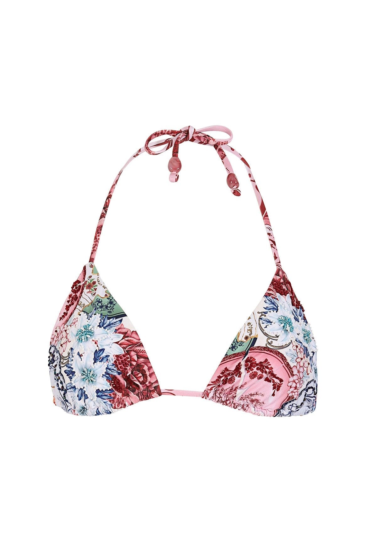 Lolita bikini top with handmade beadwork and placement print — styled view