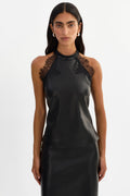 GINNY lace trim faux leather halter top in black — front view