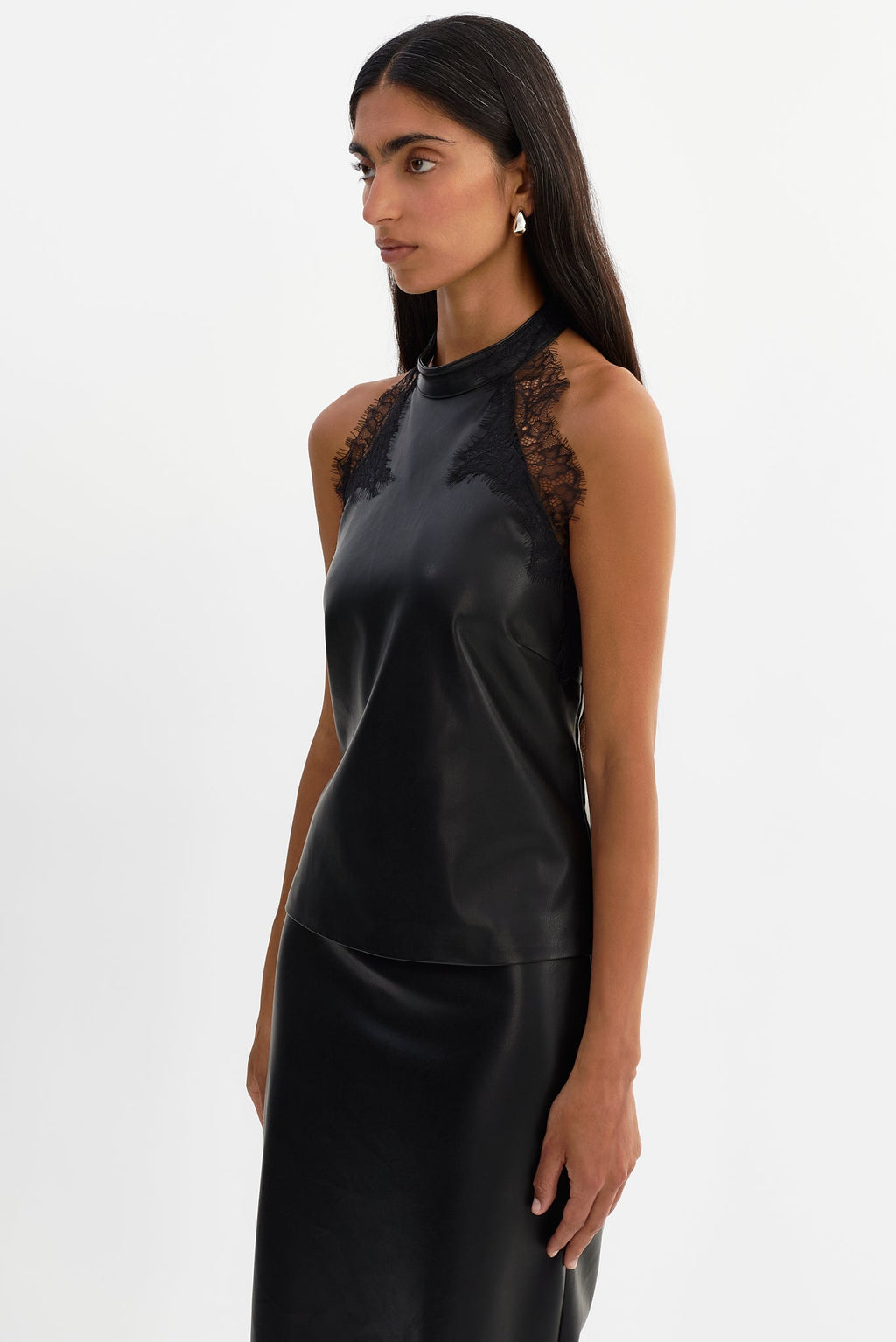 GINNY lace trim faux leather halter top in black — side view