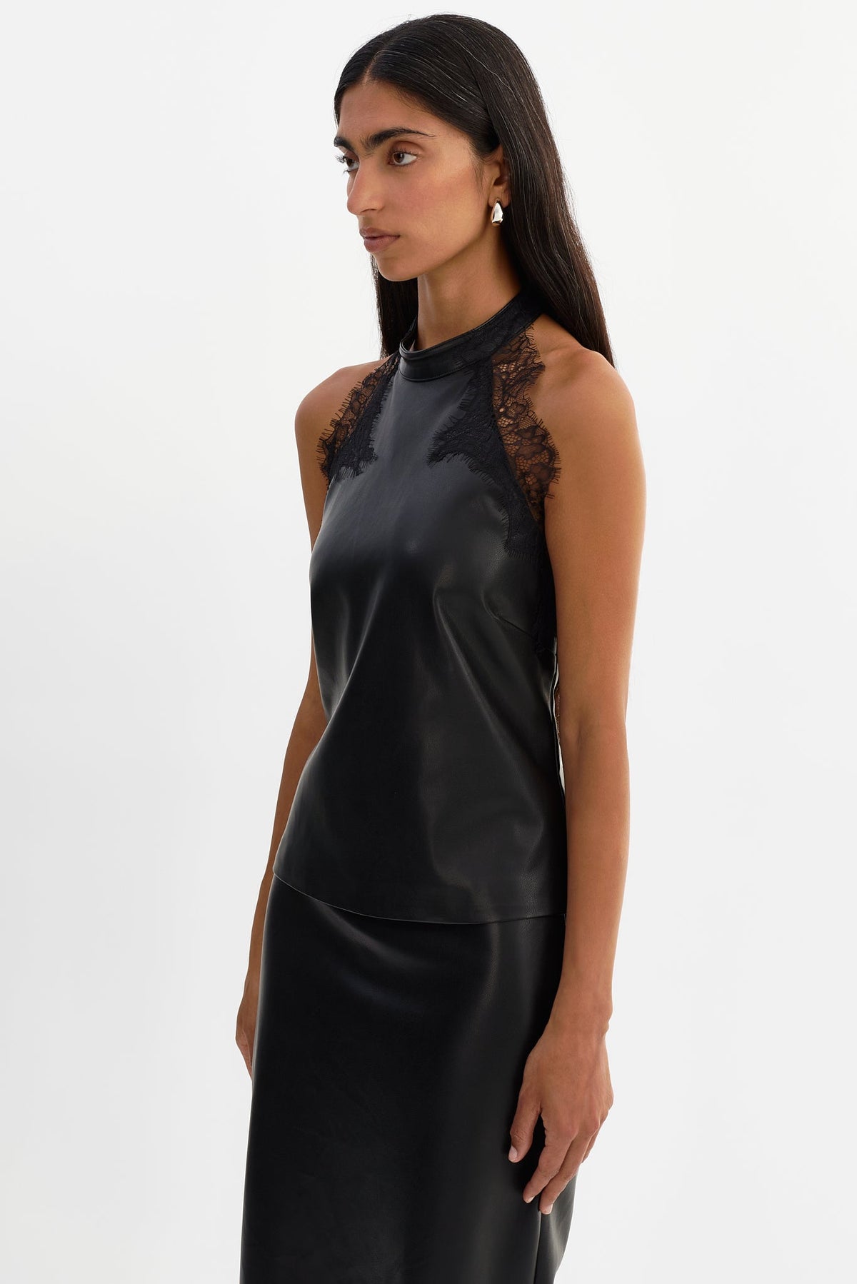 GINNY lace trim faux leather halter top in black — side view