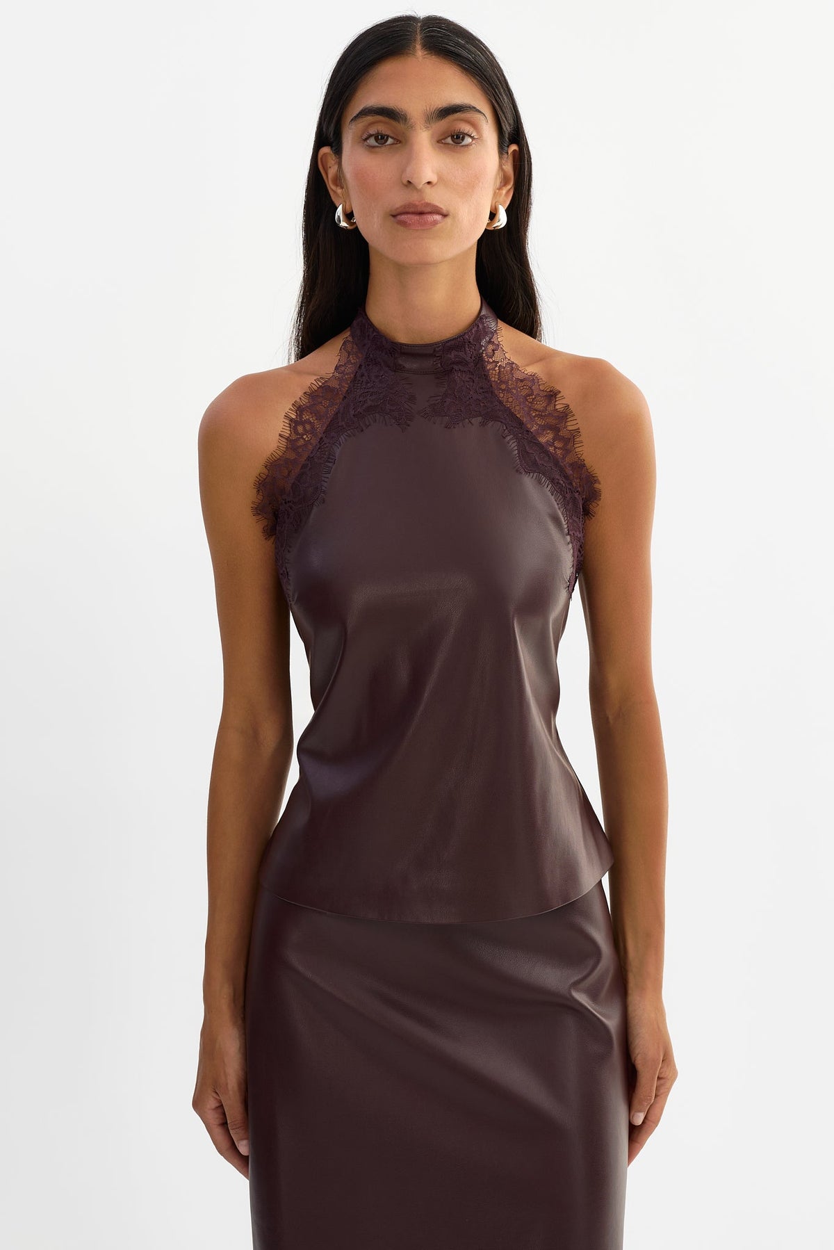 GINNY lace trim faux leather halter top in red — front view