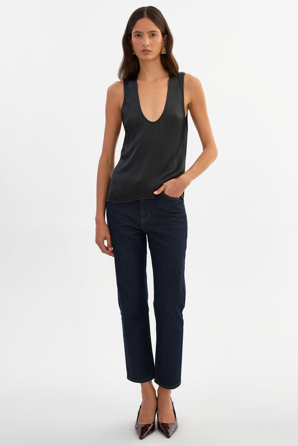 Lila Satin Low Plunge Tank Top in Black