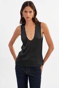 Lila Satin Low Plunge Tank Top in Black