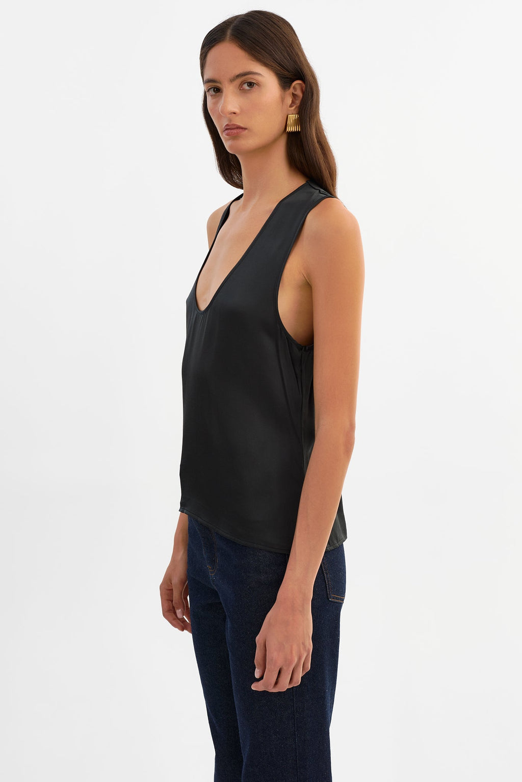 Lila Satin Low Plunge Tank Top in Black