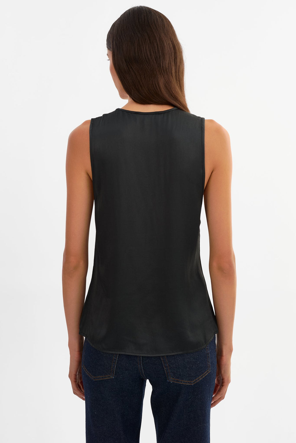 Lila Satin Low Plunge Tank Top in Black