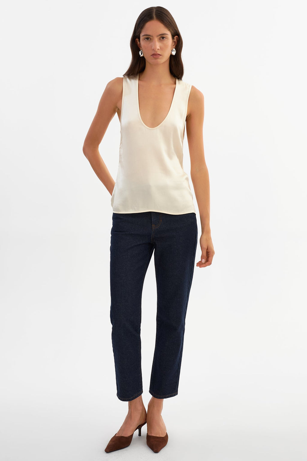 Lila Satin Low Plunge Tank Top in Cream