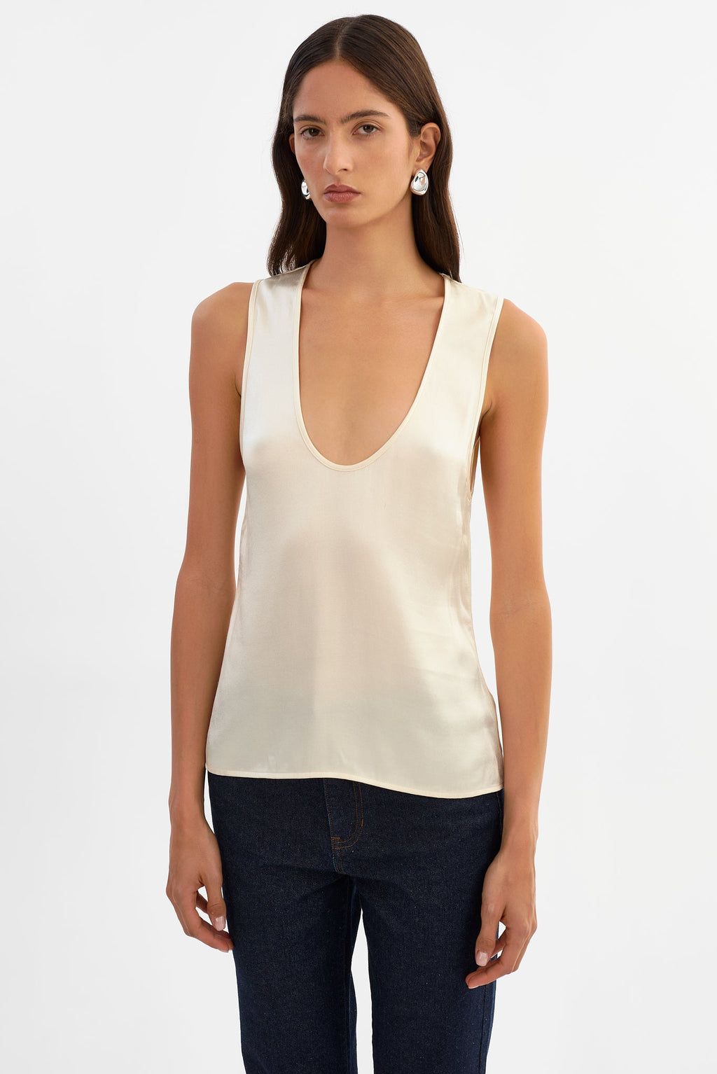 Lila Satin Low Plunge Tank Top in Cream