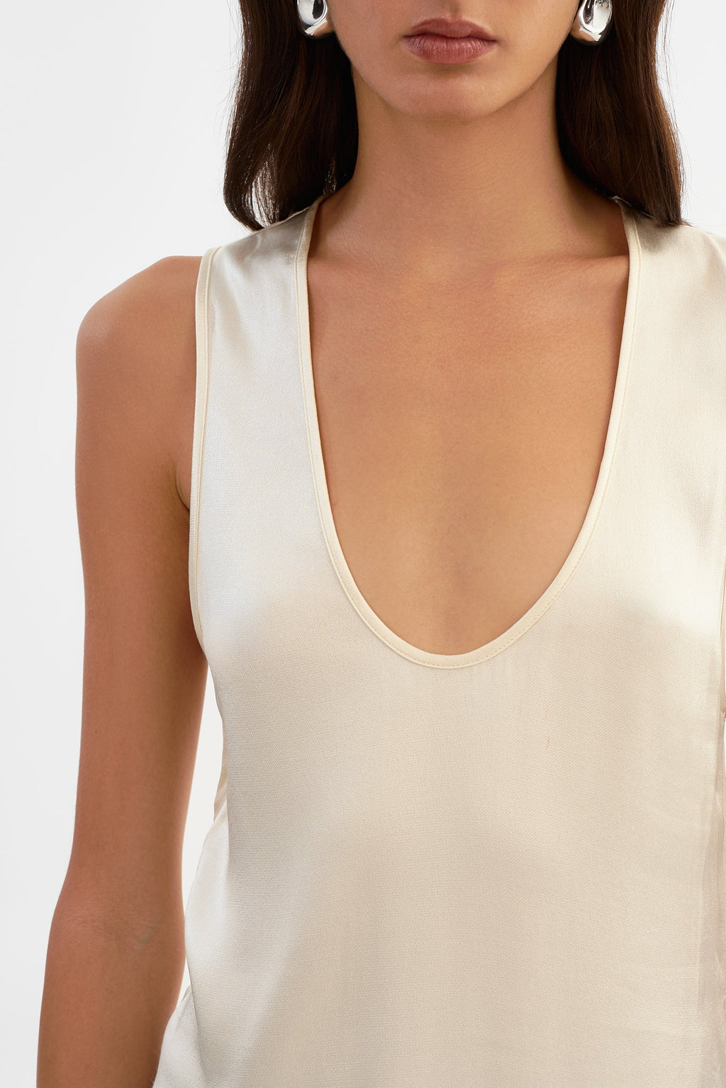 Lila Satin Low Plunge Tank Top in Cream