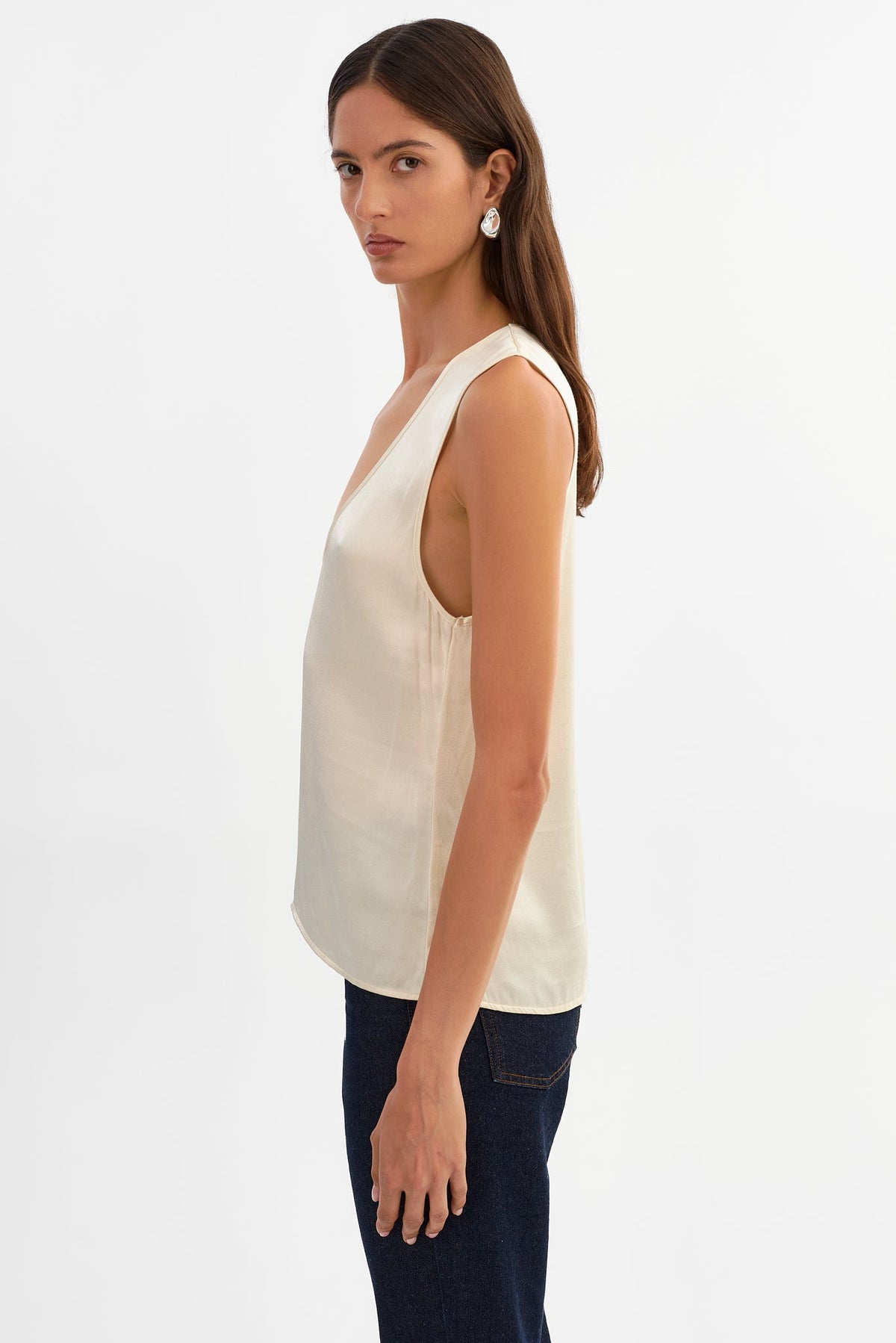 Lila Satin Low Plunge Tank Top in Cream