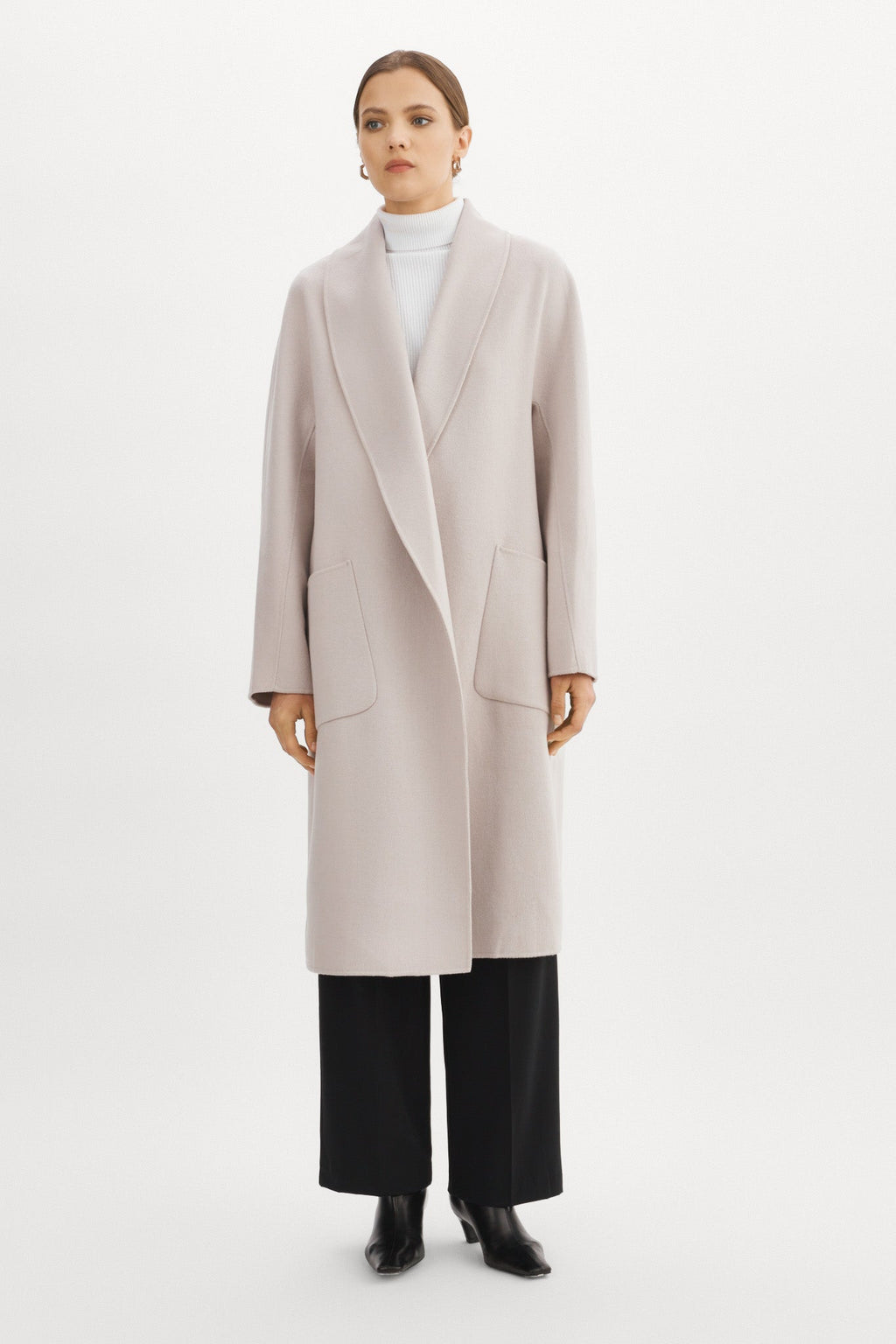 THARA shawl collar wool coat in Feather Grey - styled view
