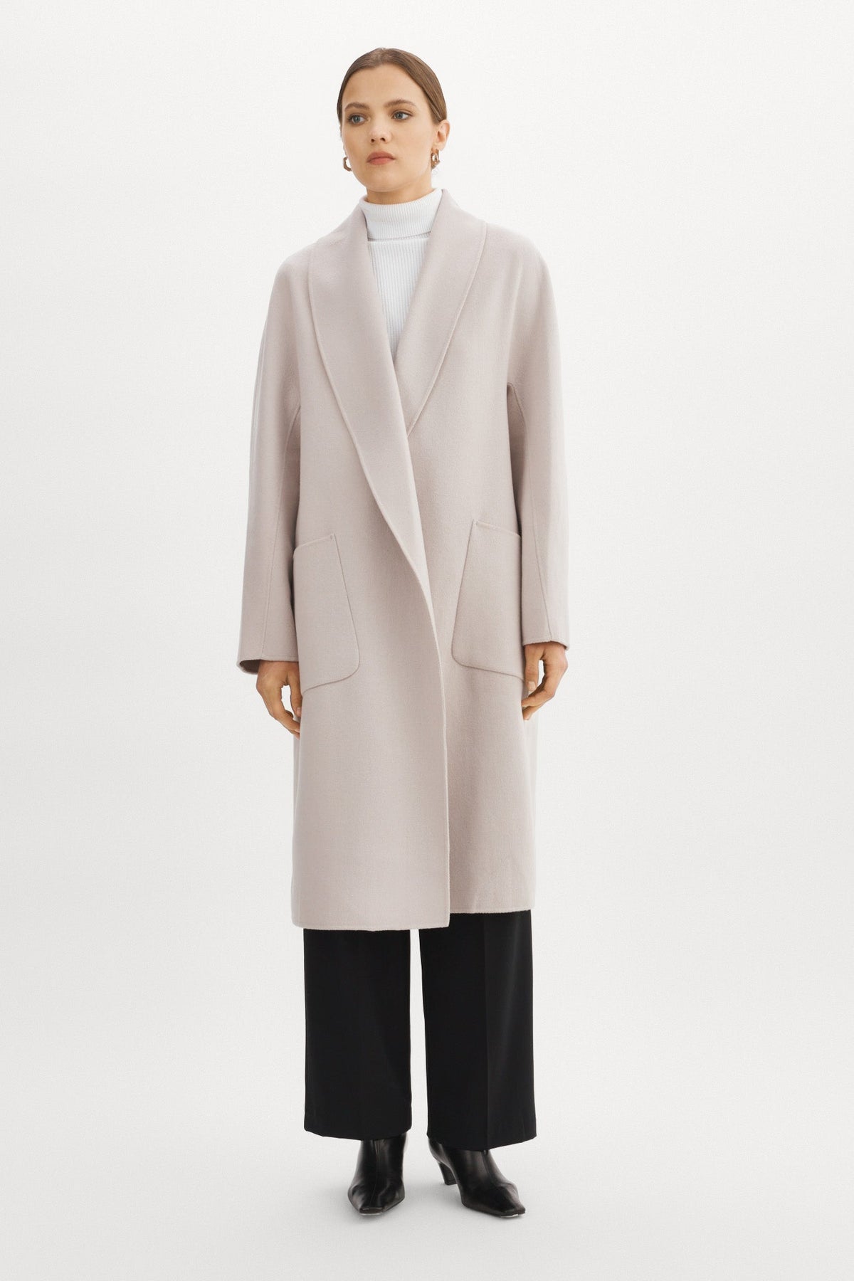 THARA shawl collar wool coat in Feather Grey - styled view