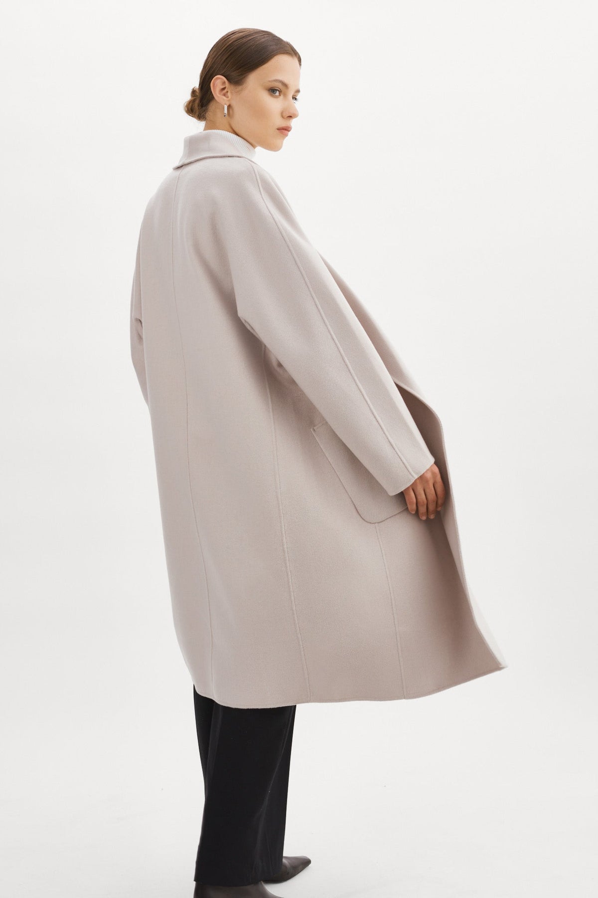 THARA shawl collar wool coat in Feather Grey - detail view