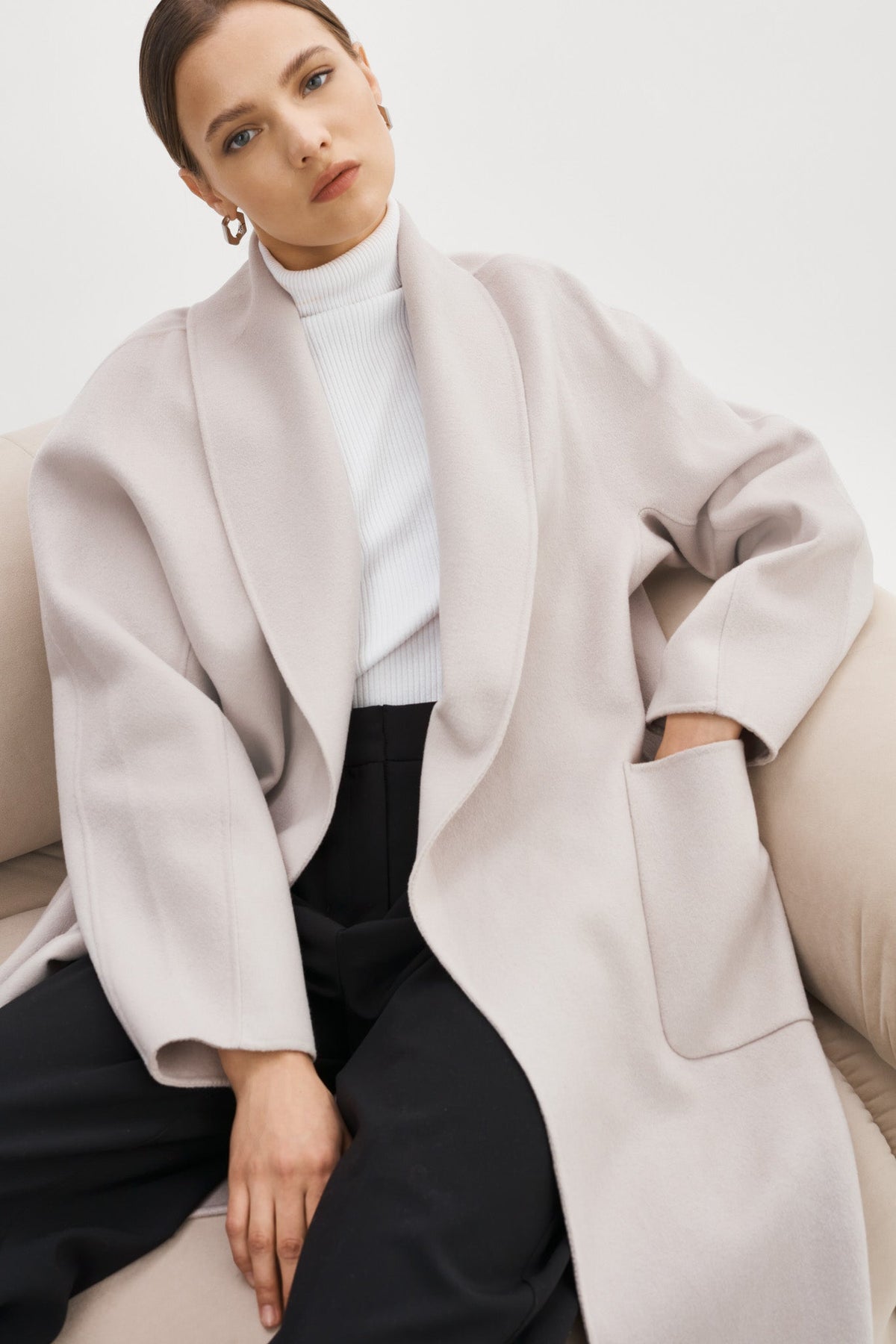 THARA shawl collar wool coat in Feather Grey - side view