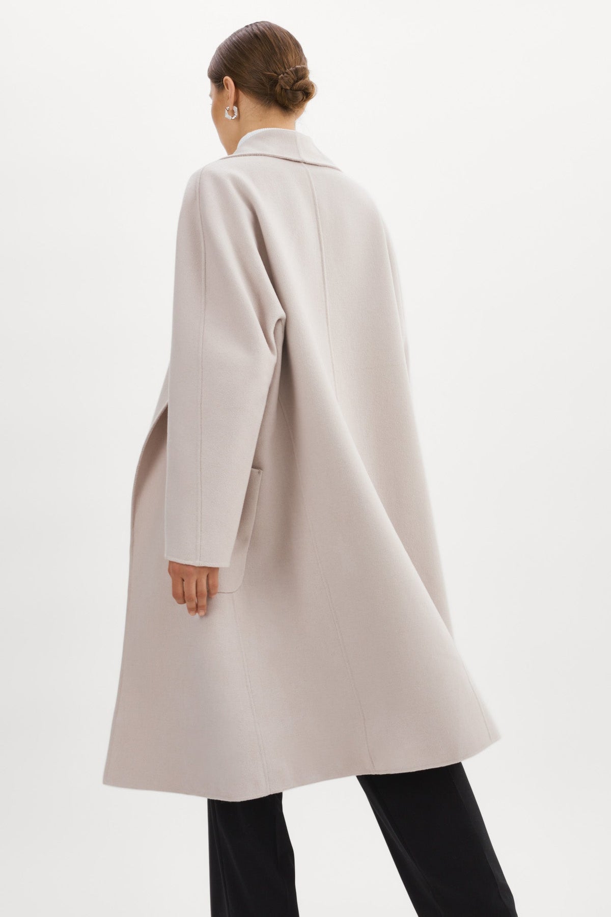 THARA shawl collar wool coat in Feather Grey - patch pocket detail