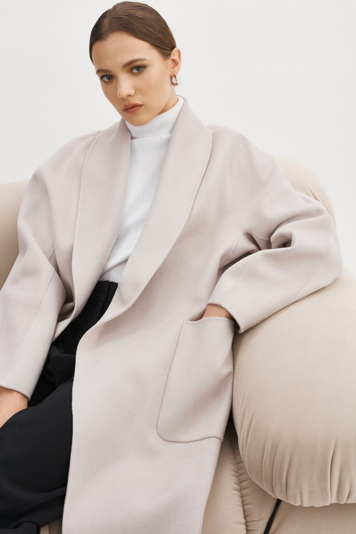 THARA shawl collar wool coat in Feather Grey - full length