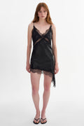 PAULINA lace trim faux leather mini dress in black — front view