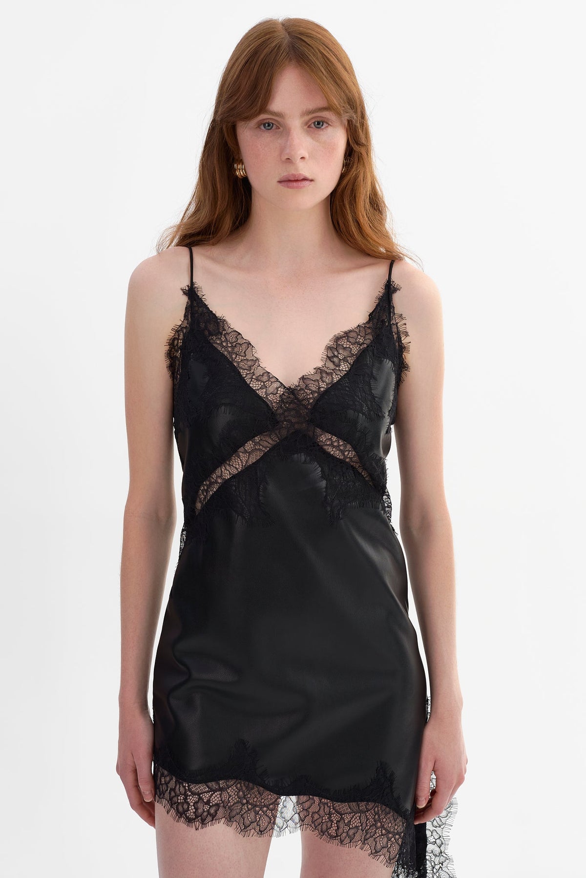PAULINA lace trim faux leather mini dress in black — side view