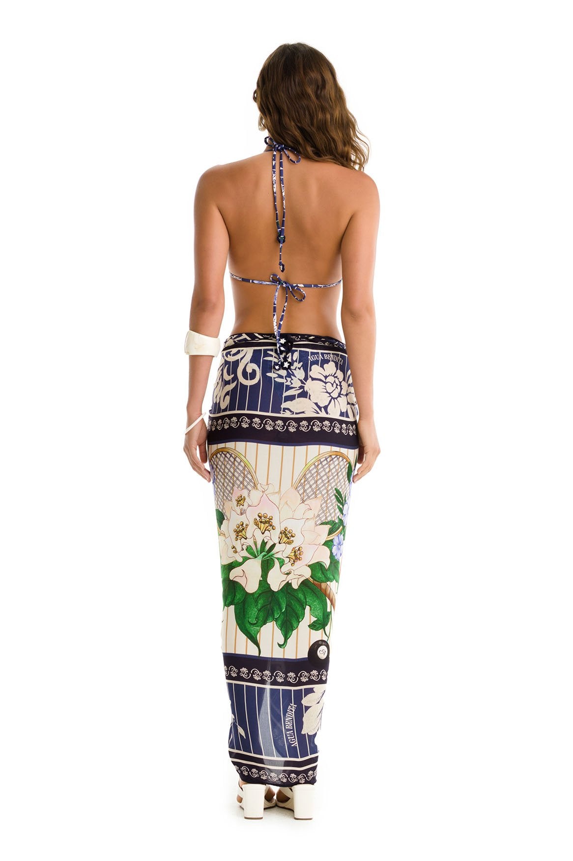 Varsity Marine pareo cover-up — tied as a skirt