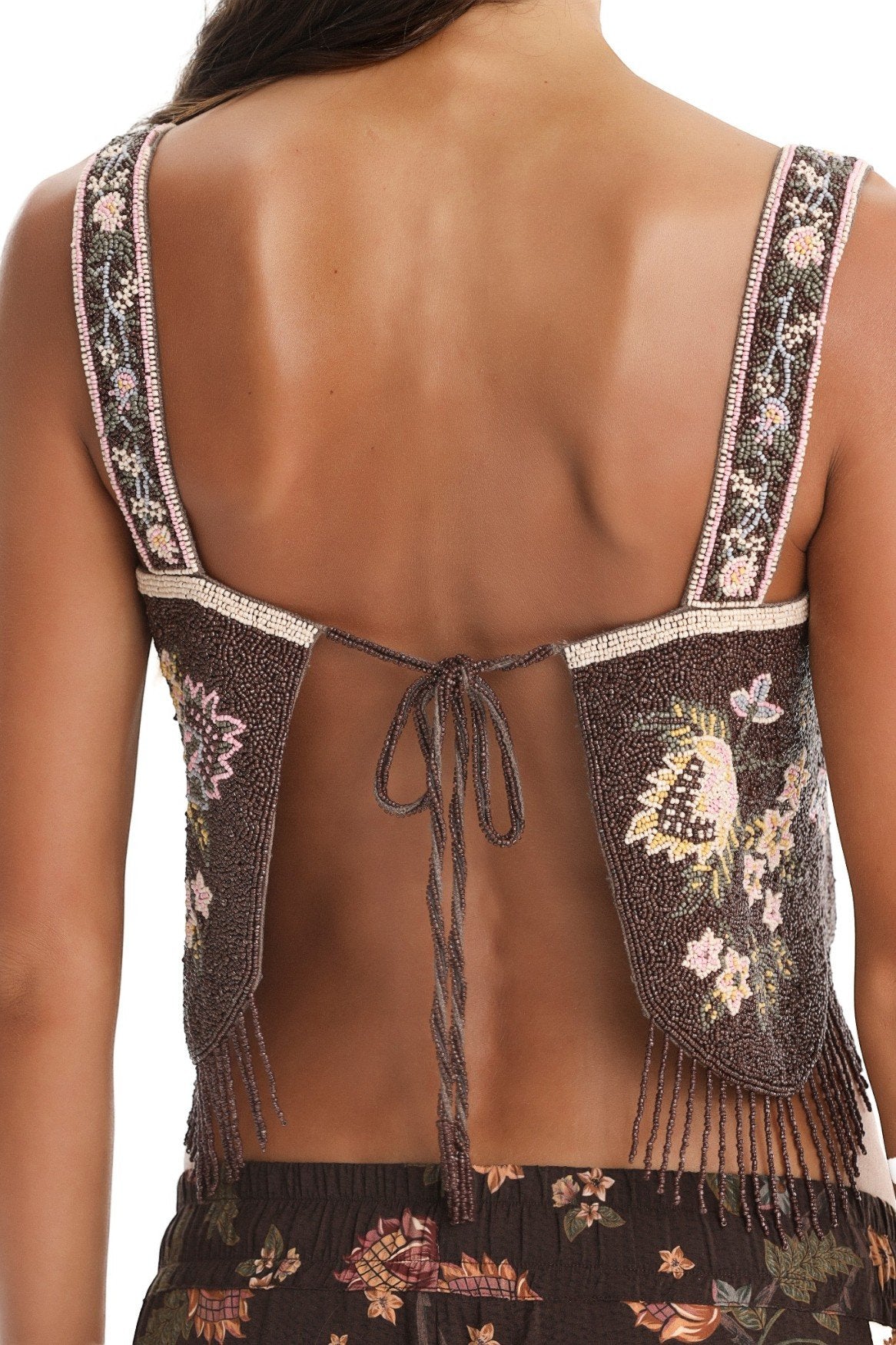 Aida hand-beaded crop top — scalloped trim close-up