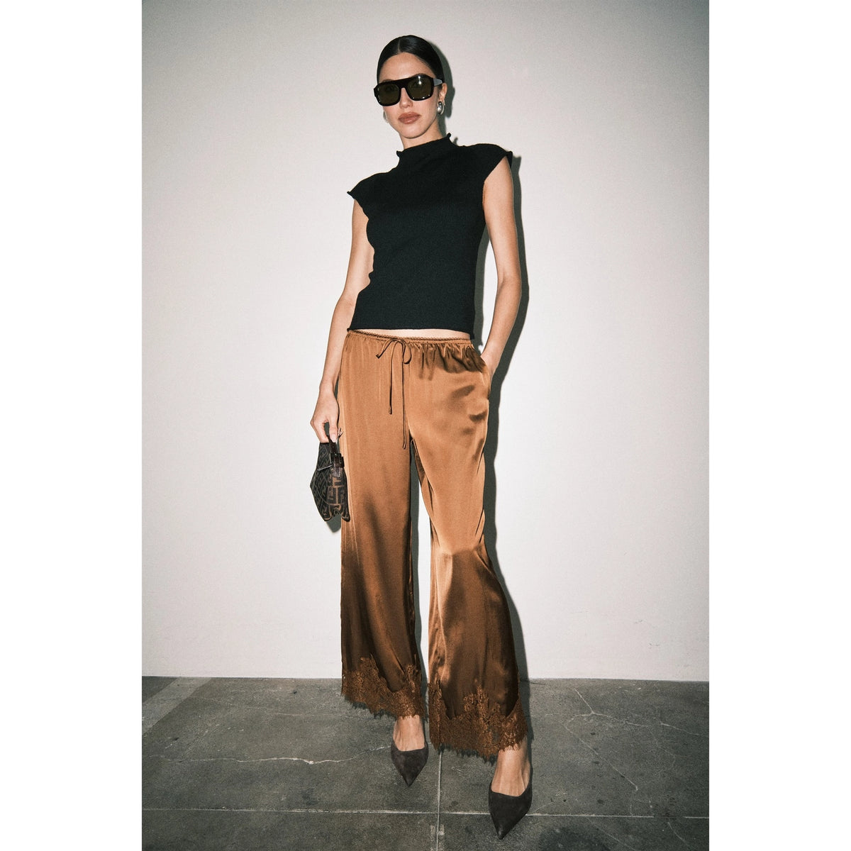 Satin Lace Hem Wide Leg Pants