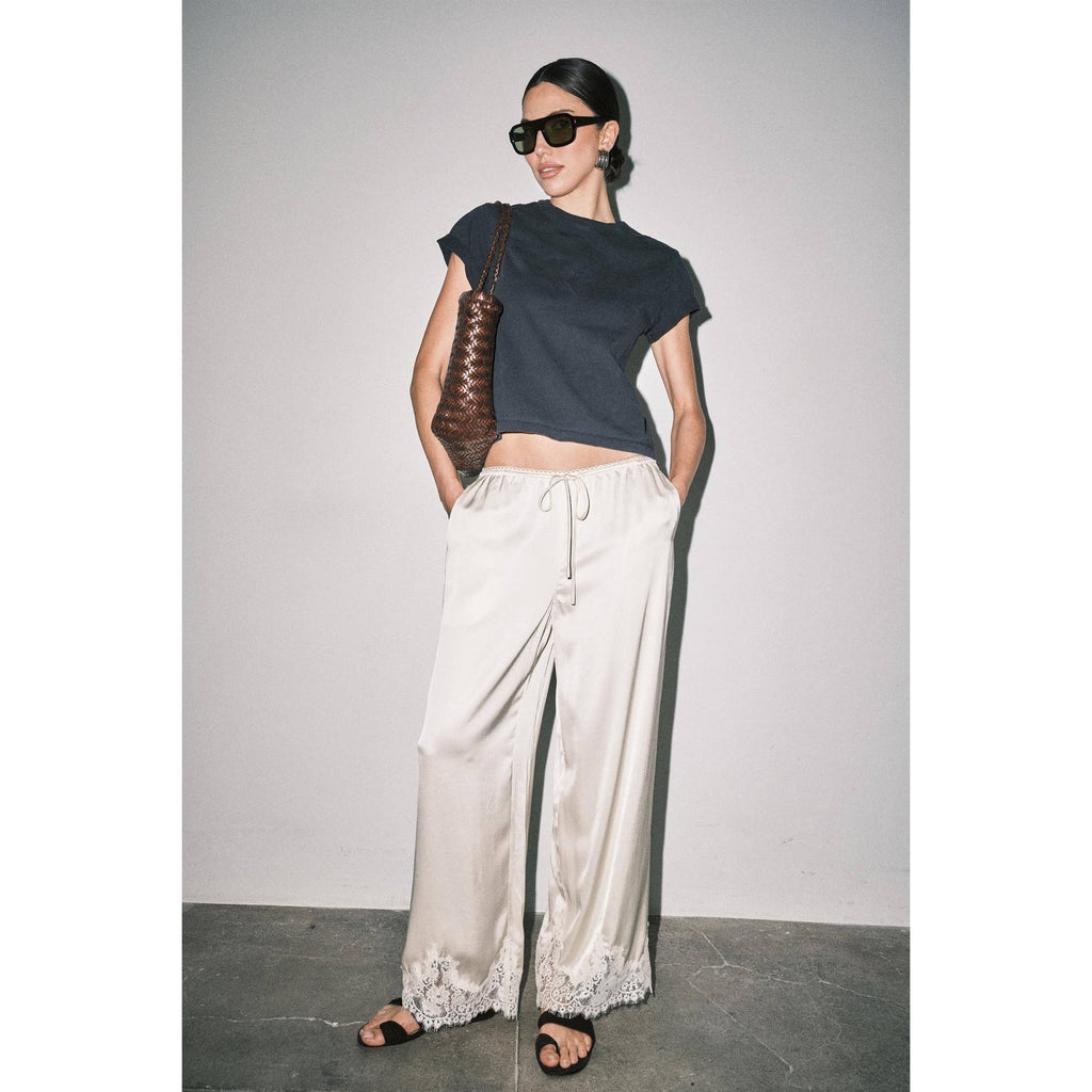 Satin Lace Hem Wide Leg Pants