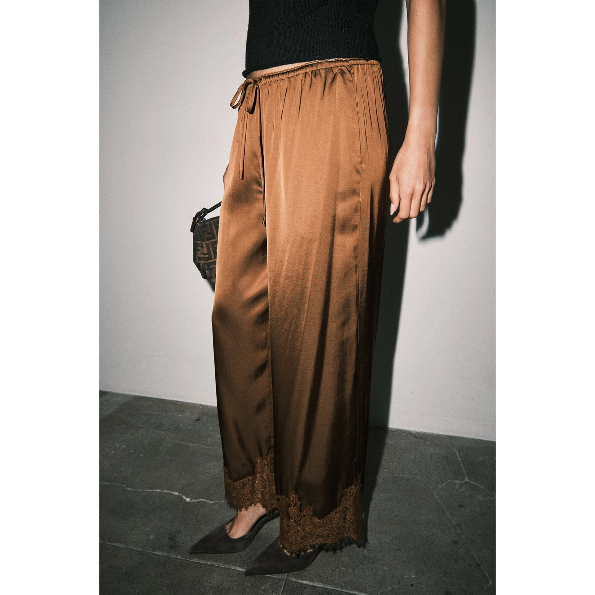 Satin Lace Hem Wide Leg Pants