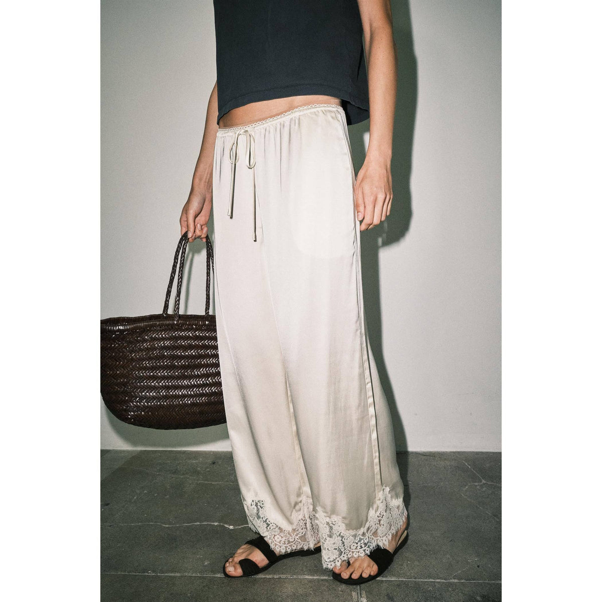 Satin Lace Hem Wide Leg Pants