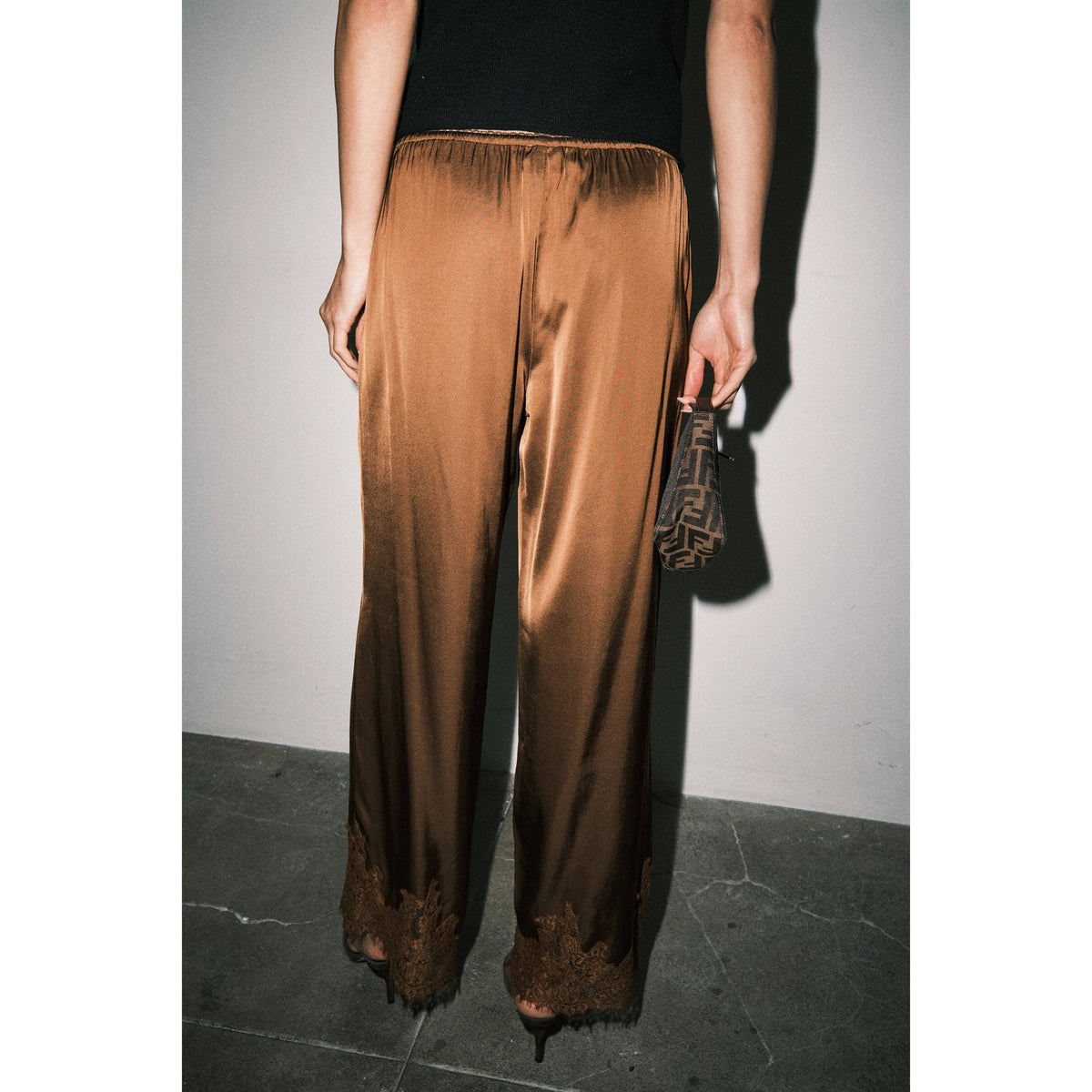Satin Lace Hem Wide Leg Pants