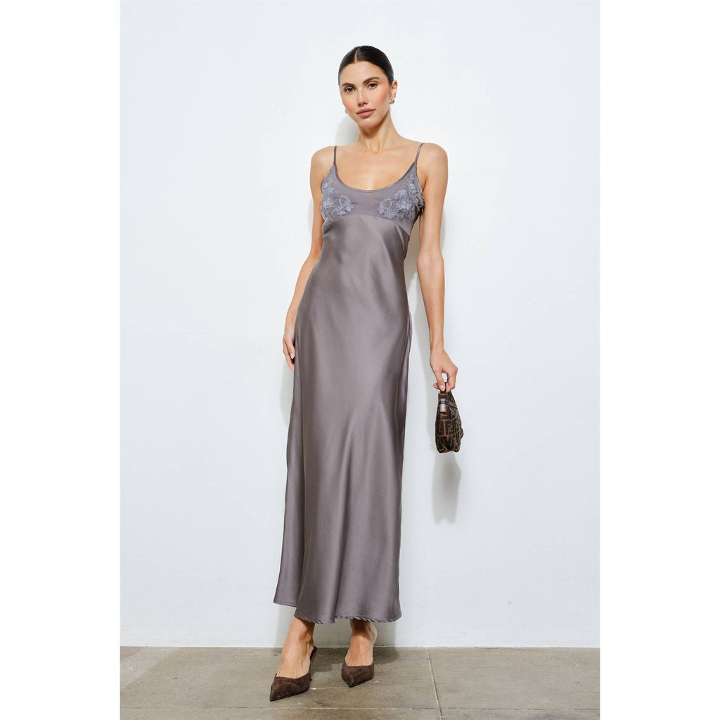 Clarisse Embroidered Satin Slip Maxi Dress