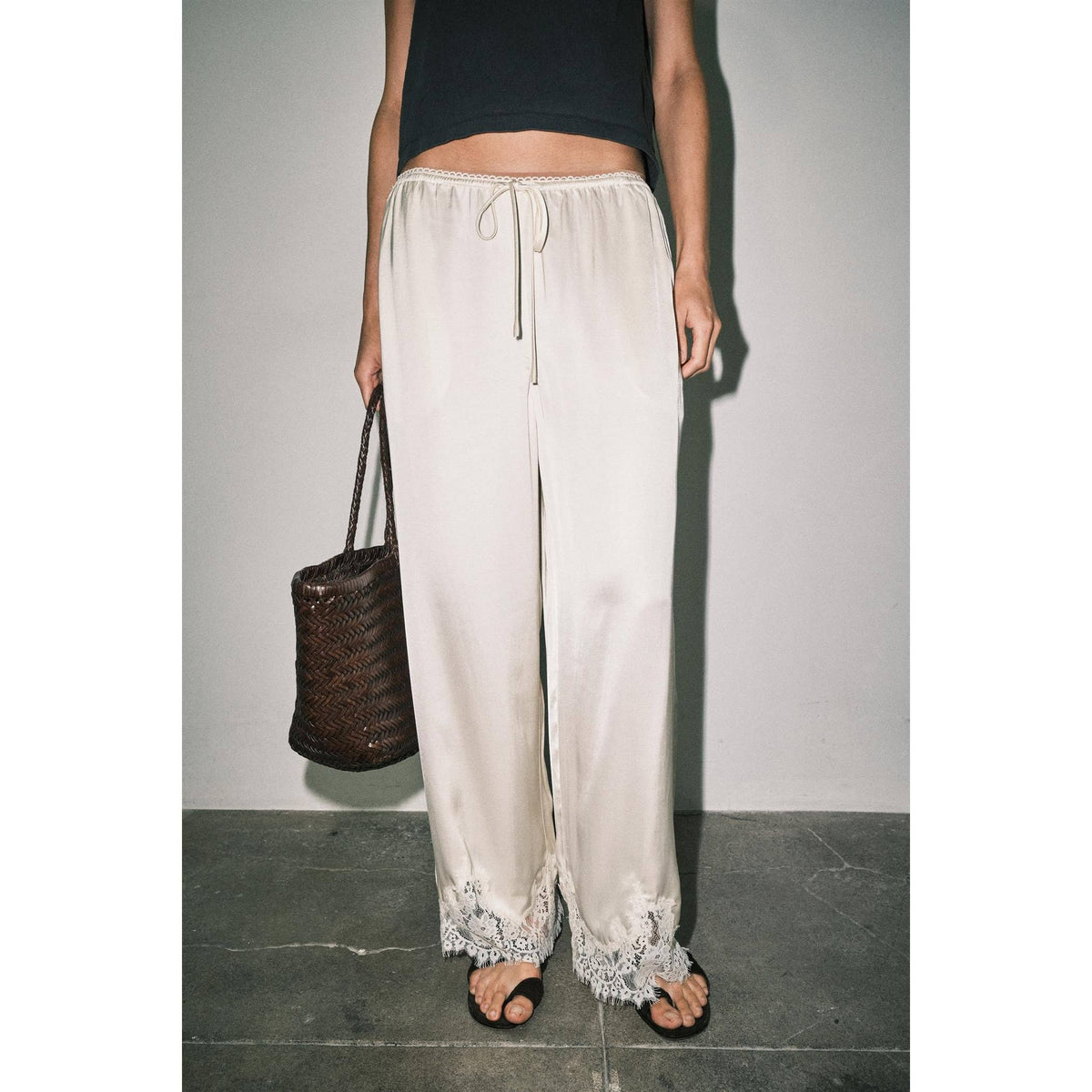 Satin Lace Hem Wide Leg Pants