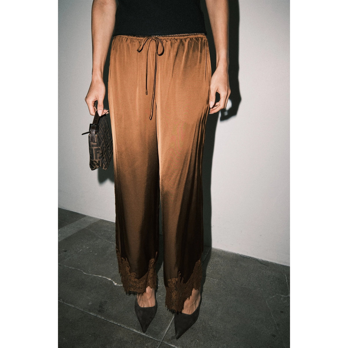 Satin Lace Hem Wide Leg Pants